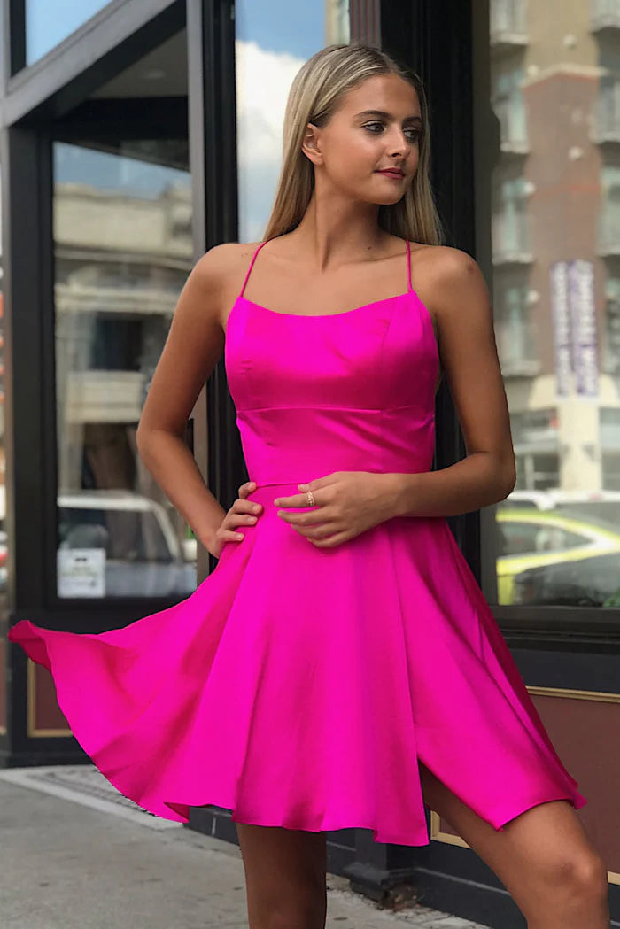 Weitese Dress A-Line Spaghetti Strap Satin Homecoming Dress Sleeveless Lace-Up Party Dress